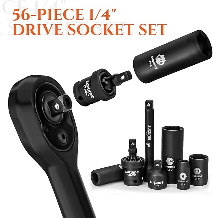 1/4" Drive Impact Socket Set, Cr-V Steel, 6 Point, 56-Piece Standard Metric (4-15mm) and SAE (5/32-Inch to 9/16-Inch) Sockets with Adapters & Ratchet Handle, Extension Bars, Universal Joint