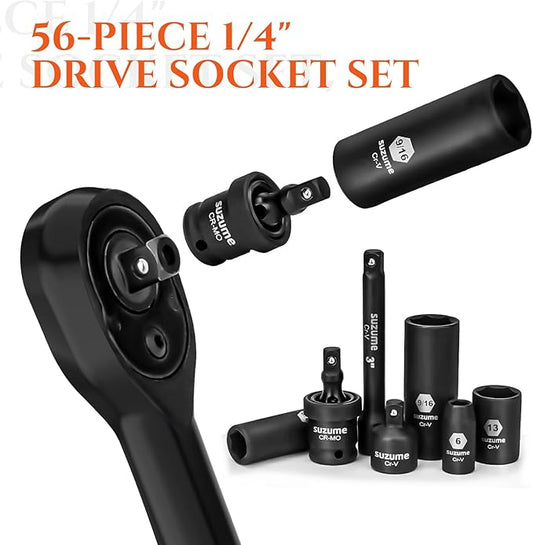 1/4" Drive Impact Socket Set, Cr-V Steel, 6 Point, 56-Piece Standard Metric (4-15mm) and SAE (5/32-Inch to 9/16-Inch) Sockets with Adapters & Ratchet Handle, Extension Bars, Universal Joint