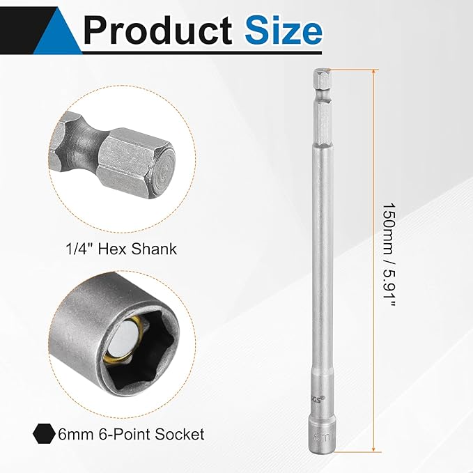 HARFINGTON 5pcs Nut Driver Drill Bit 6mm Metric Socket 1/4" Hex Shank 5.91" (150mm) Long Magnetic 6-Point Sockets Quick Change CR-V Steel Bolt Setters for Power Drill Drivers