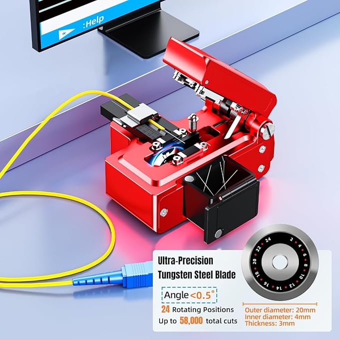 High Precision Fiber Optic Cleaver - Automatic One-Step Fiber Cutting Tool with ??.6째 Precision, 24-Point Tungsten Blade & Detachable Waste Box, 58,000+ Cuts