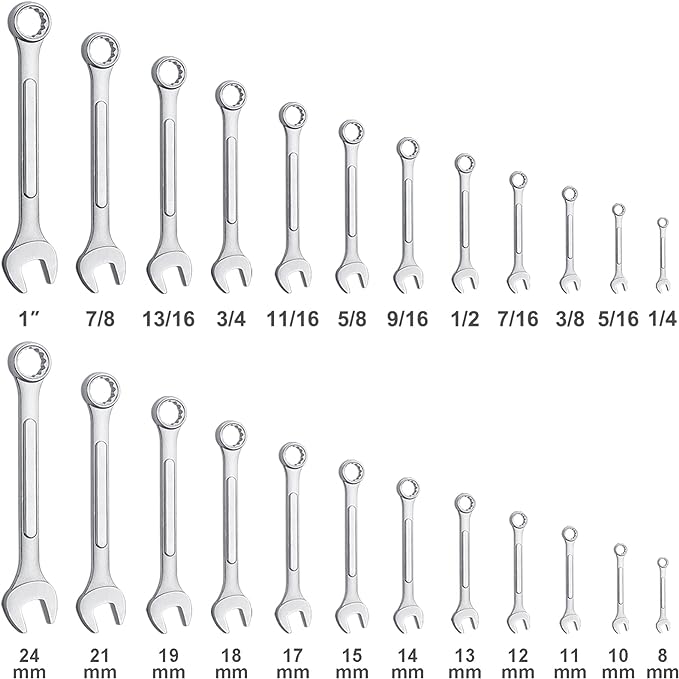 24-Piece All-Purpose Master Combination Wrench Set with Roll-up Pouch | SAE 1/4??to 1?? Metric 8mm to 24mm | Perfect for General Household, Garage, Auto Repairs, Car, Truck, Boat, and Travel Emergency