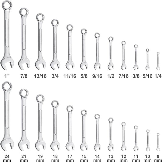 24-Piece All-Purpose Master Combination Wrench Set with Roll-up Pouch | SAE 1/4??to 1?? Metric 8mm to 24mm | Perfect for General Household, Garage, Auto Repairs, Car, Truck, Boat, and Travel Emergency