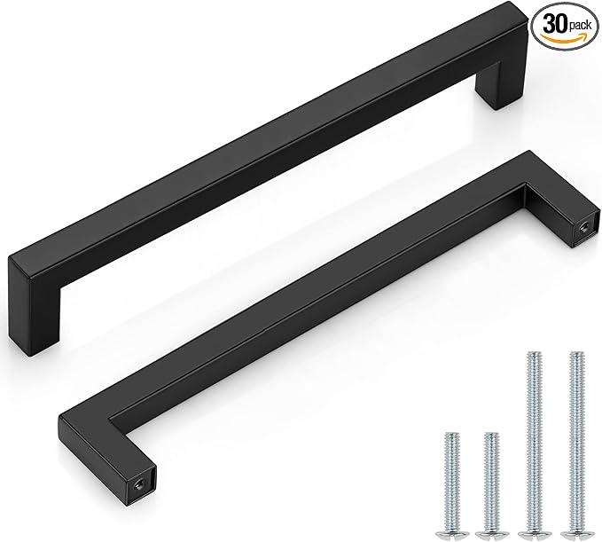 Probrico 30 Pack Black Square Bar Cabinet Pulls Drawer Dresser Handles Stainless Steel Modern Hardware for Kitchen Bathroom Cabinets Cupboard, Hole Center 7-9/16 inch Desk Wardrobe Door Pulls