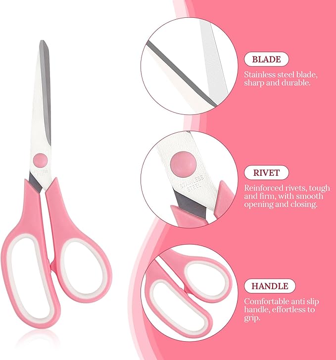 Multipurpose Stainless Steel Scissors 6.7" Pink Sharp Shears Comfort-Grip Scissors for Fabric Craft Office Supplies (Pink 7.7'')