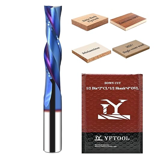 1/2 Downcut Spiral Router Bit with 1/2 Shank Extra Long 4'' OVL Nano Blue Coating Carbide 2 Flute Down Cut Router Bit for Wood Plywood Cutting Carving CNC Endmill 2'' Cut Diameter