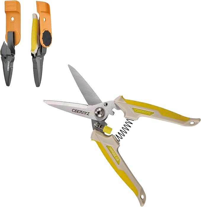 8" Scissors All Purpose, Heavy Duty, Multipurpose, for DIY Projects, Office, Production Lines, Pruning, with Protective Sheath and Magnetic Holder (Brown/Yellow)