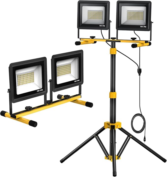 Upgraded LED Work Lights with Stand, 2-Head Adjustable Work Light, Waterproof Tripod Worklights with 16.5 FT Cord for Outdoor & Indoor Job Sites, Workshops, Construction, Garage Lighting