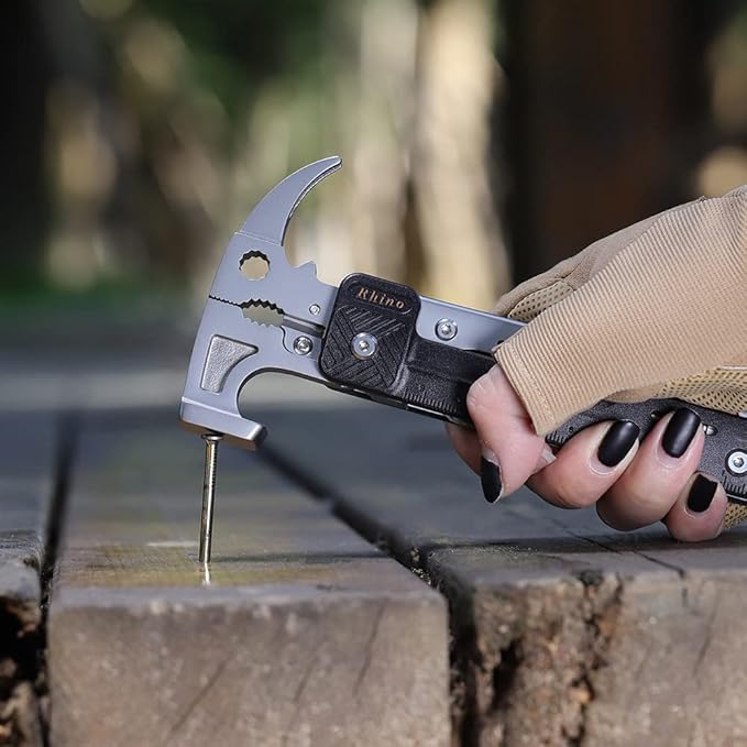 ROXON 16 in 1 Tools Camping Hammer Multitool with flint stone, replaceable cutter, Best Camping Accessories with plier, knife, bottle opener, saw, ruler,