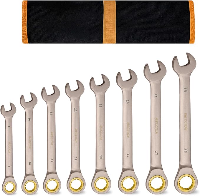 Meccion Combination Wrench Set 8mm/10mm/11mm/12mm/13mm/14mm/17mm/19mm Metric Open End Ratcheting Wrench - Industrial Grade Gear Spanner with Grey Nickle Plated
