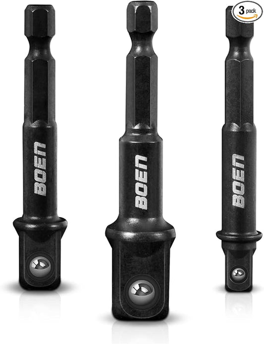 BOEN Impact Grade Socket Adapter Set, 3-PCS Drill Bit Adapter with Bit Holder, Sizes 1/4", 3/8", 1/2", 1/4-Inch SAE Hex Shank, Cr-V with Black Phosphate Finish