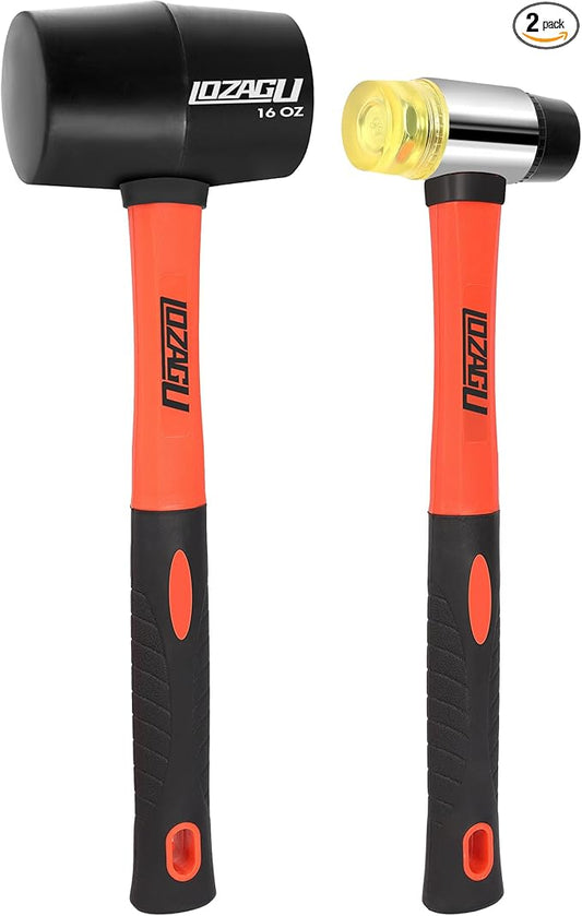 2-Pack Rubber Mallet Hammer Set, 16oz & 35mm Tool for Flooring, Tent Stakes, Woodworking, Camping, Crafts, Jewelry Wood