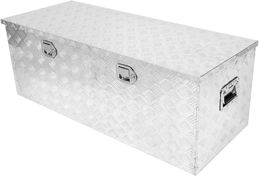 confote 48 Inch Heavy Duty Aluminum Stripes Plated Tool Box Pick Up Truck Bed RV Trailer Toolbox Square Storage Organizer with Side Handle, Lock and Keys, Waterproof -48" x 19.5" x 17.5"，Silver