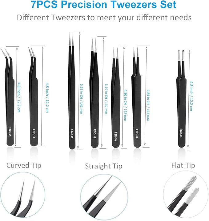 YHYZ 7pcs Precision Tweezers Set, Premium Anti-Static Stainless Steel ESD Tweezers Set Kit for Electronics, Sodlering，Jewelry, Craft, Laboratory Work, DIY(7PCS, Version)