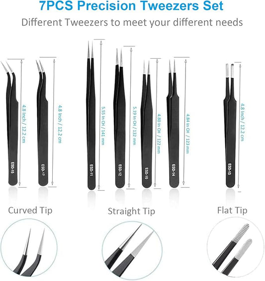 YHYZ 7pcs Precision Tweezers Set, Premium Anti-Static Stainless Steel ESD Tweezers Set Kit for Electronics, Sodlering，Jewelry, Craft, Laboratory Work, DIY(7PCS, Version)