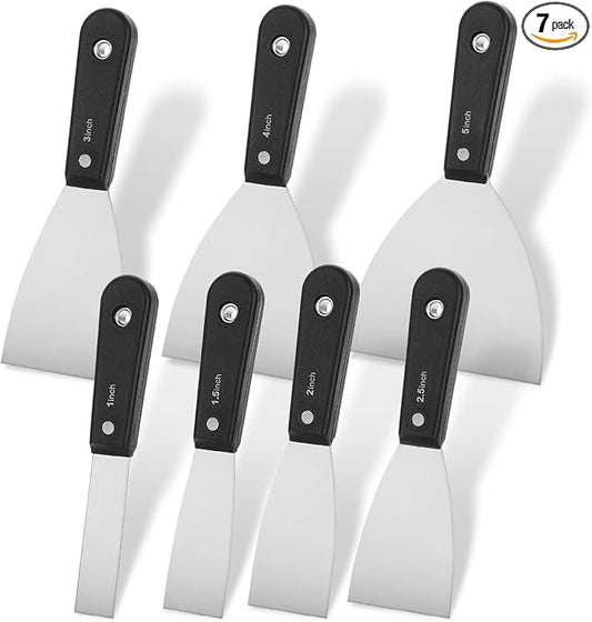 Bates- Putty Knife Set, 7 pcs, Stainless Steel, 1" 1.5" 2" 2.5" 3" 4" 5" Flexible Metal Scraper, Drywall Spackle Knife, Metal Paint Scraper Tool, Putty Knife Scraper, Wall Scraper, Drywall Knife