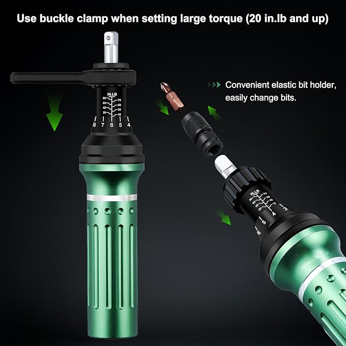 Torque Screwdriver 10-80 in.lb, Torque Screwdriver Set with 1/4" Elastic Bit Holder, 1/4" Bit Adapter, Flat, Hex, Torx and Philips Bits, Suitable for Gunsmithing, DIY, Bicycle Maintenance