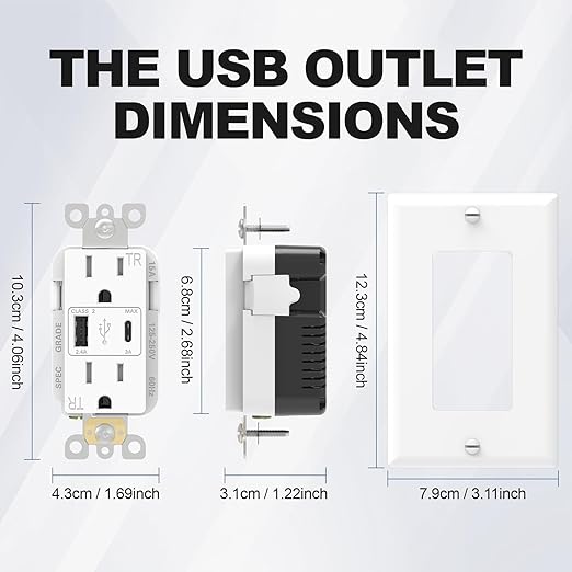 ThunderWay USB Outlet, 15 Amp Wall Outlet with USB Ports, 21W Charging USB C Outlets Receptacles with Type A & Type C Ports, Tamper Resistant, Wall Plate Included, ETL Listed, White, 6 Pack