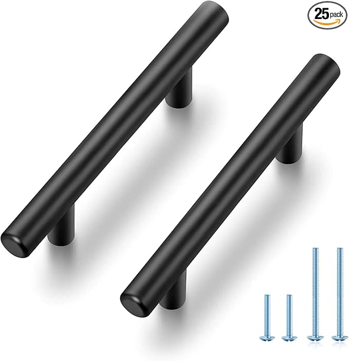 JOY DECOR 25 Pack 5 Inch Cabinet Pulls Kitchen Cabinet Handles with 3 Inch Hole Center Matte Black Cabinet Hardware Stainless Steel Kitchen Drawer Pulls for Cabinets Cupboard, 76mm Hole Centers