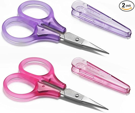 Small Craft Scissors, 3" Tiny Travel Scissors Tsa Compliant with Cover, Sharp Scissors all Purpose, Straight Fine Tips Mini Sewing Scissors Set, Precision Detail Paper Cutting, Pink/Purple