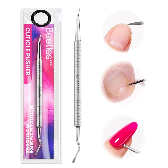 Beetles Pro 1-Pcs Dual-Ended Cuticle Pusher, Stainless Steel Pointed Tip (12mm) and Cuticle Scoop (14mm) for Precise Cuticle Care, Ergonomic Anti-Slip Handle, Professional Manicure Tool for Nail Care
