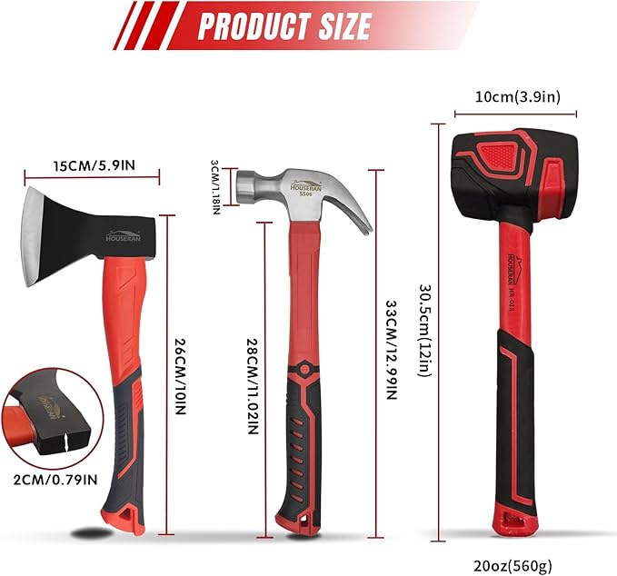 3 Piece Hammer Set, 14" Camping Axe, 680g Claw Hammer, 20oz Rubber Mallet, Hammer Set Mechanic, Rubber Mallet Set, Suitable for Family, Camping, Stakes, DIY