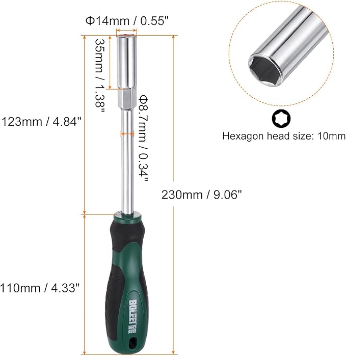 HARFINGTON Metric Nut Driver 10mm CR-V Non-Magnetic Tip Hollow Shafts Hex Socket Screwdriver with Non-Slip Handle for Automobile Repair