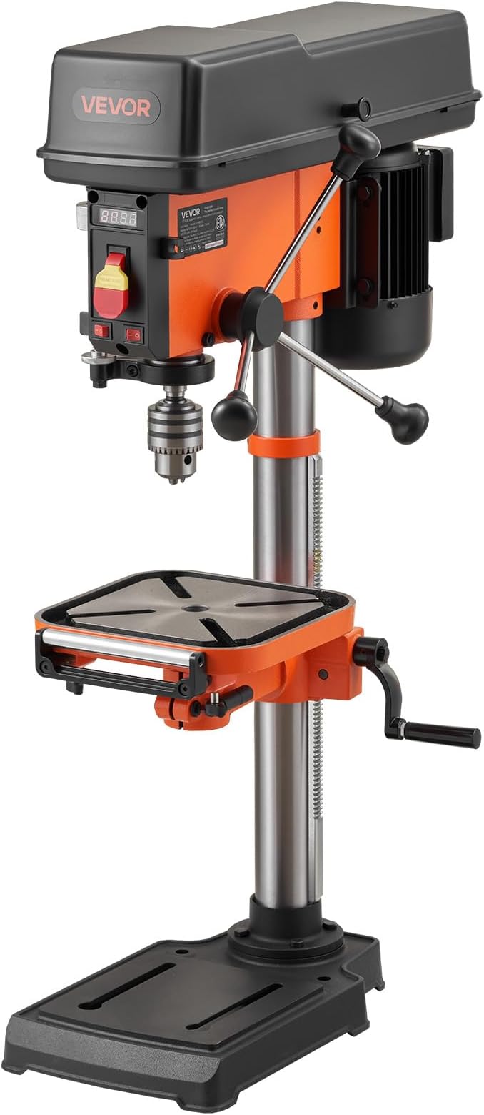 VEVOR 12-Inch Benchtop Drill Press, 6.2 Amp, 1 HP Bench Drill Press, 530 to 3140 RPM Variable Speed, 0-45째 Tilting Worktable, with Laser and LED Work Light, Tabletop Drilling Machine, for Wood Metal
