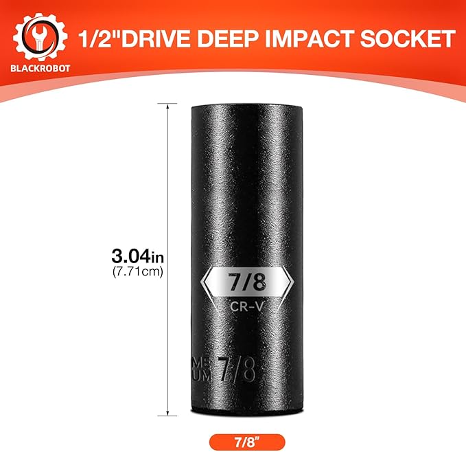 BLACKROBOT 1/2 Inch Drive 6-Point Deep Socket, 7/8 inch Deep Impact Socket, CR-V Steel