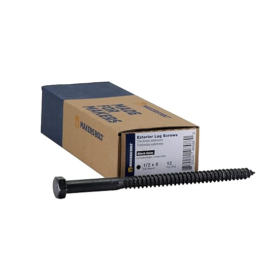 1/2" x 8?? 12-Piece Black Lag Bolt, Rustproof 4-Layer Ceramic BLAKOTE, 2X Protection of Galvanized Lag Screws, for Decks Pergolas by Makers Bolt