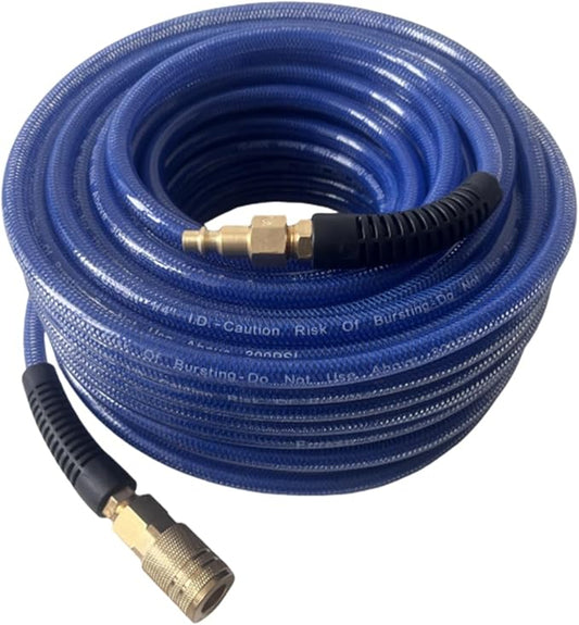 Air Hose 1/4 in x 100 ft, Polyurethane(PU), Reinforced Air Compressor Hose, Lightweight, Kink Resistant with 1/4??Industrial High Flow Quick Coupler&Plug, Bend Restrictors,300 PSI (100FT, Dark Blue)