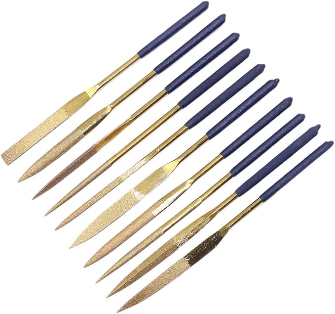 YAKAMOZ 10Pcs Titanium Small Diamond Needle File Set 4x160mm Mini Round Square Flat Shape Riffler Files Precision Hand Tools for Metal Glass Wood Stone Jewelry