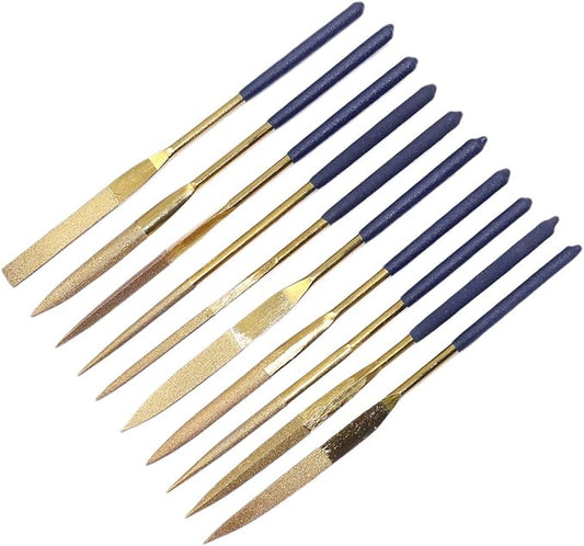 YAKAMOZ 10Pcs Titanium Small Diamond Needle File Set 4x160mm Mini Round Square Flat Shape Riffler Files Precision Hand Tools for Metal Glass Wood Stone Jewelry