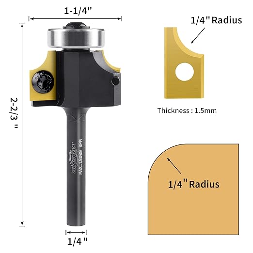 1/4" Radius Insert Roundover Router Bit 1/4" Shank, Replaceable Carbide Insert Edge Forming Roundover Bit Bead Rounding Over Edging Bit