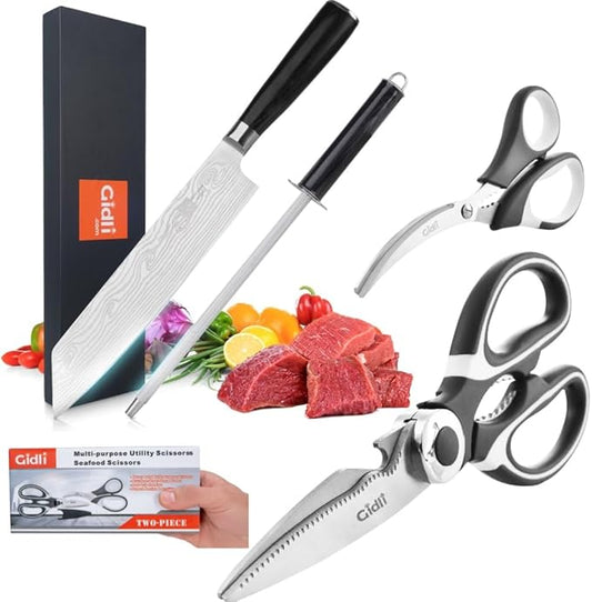 Gidli Chef Knife and Kitchen Shears Set ??Ultra Sharp 8??Chef Knife with Knife Sharpener + Heavy Duty Kitchen Scissors & Seafood Scissors ??Premium Stainless Steel Cooking Set ??Gift Ready