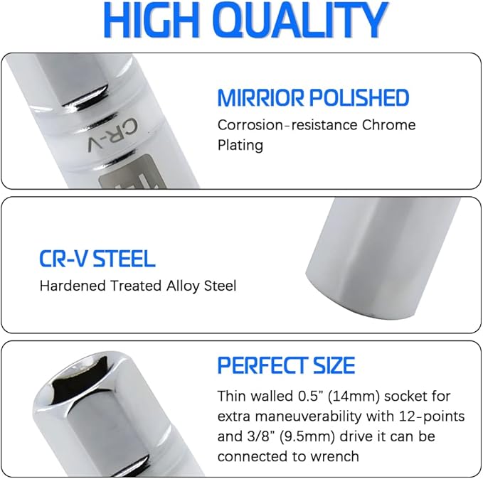 14mm Thin Wall Magnetic Spark Plug Socket 3/8 Inch Drive 12-Point Spark Plug Socket Compatible with Motorcycle, Car, SUV, BMW, Nissan, Mini, Mercedes