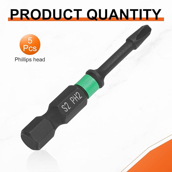 HARFINGTON 5pcs #2 Impact Phillips Screwdriver Bit PH2 1/4" Hex Shank 2" (50mm) Length 0.12" Rod Magnetic Cross Head Drill Bits S2 Steel Industrial Screw Drivers for Impact Power Tools