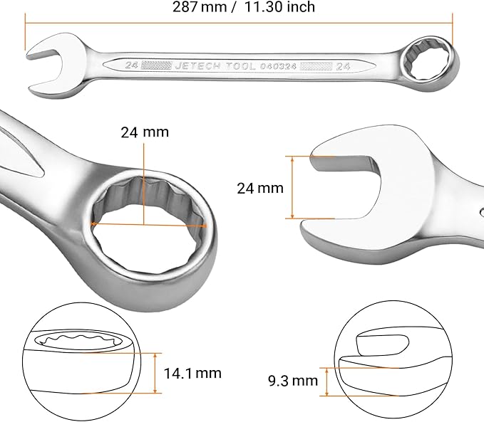 Jetech 24mm Metric Combination Wrench - Premium Industrial Grade Spanner: 12-Point Box End, 15-Degree Offset, Durable Chrome Vanadium Steel, Sand Blasted Finish