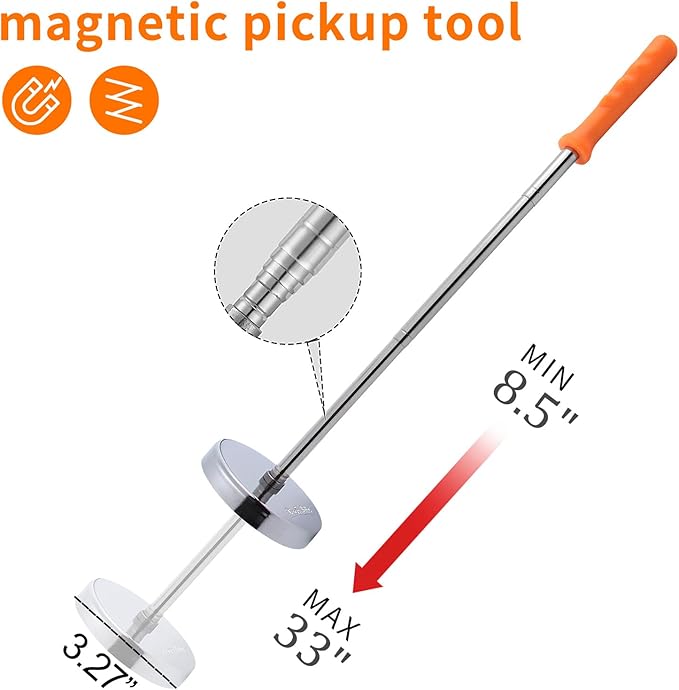 Magnetic Sweeper Telescoping Pick-up Tool, Thickened Pole, 35LB Magnet Stick Screws Parts Finder, Pickup Nails, Screws, and Metal Picker, Orange Handle