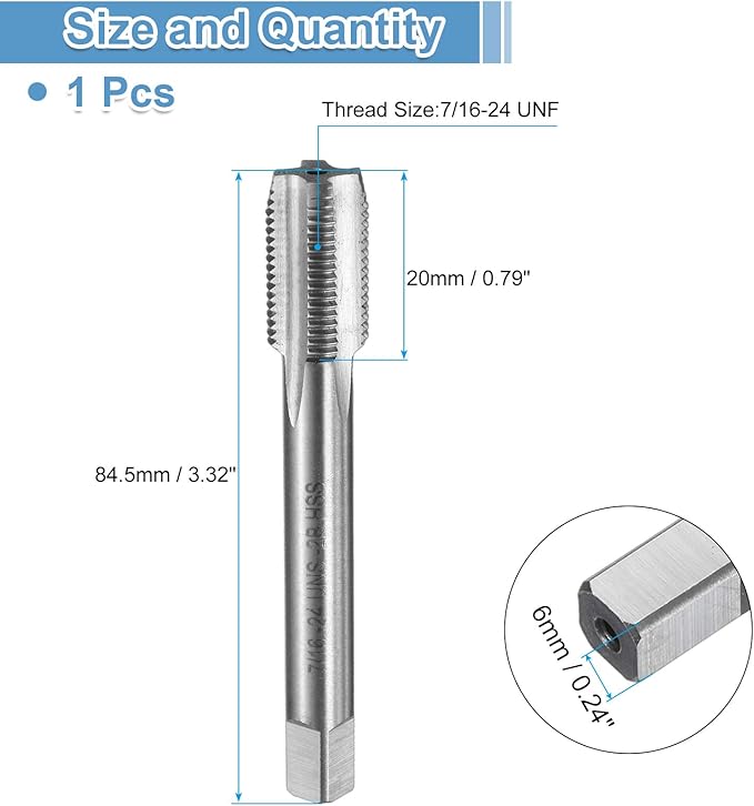 uxcell Hand Bottom Tap 7/16-24 UNF 2B Thread Bottoming Style Threading Taps High Speed Steel HSS6542 Straight Flutes Screw Tapping Tool