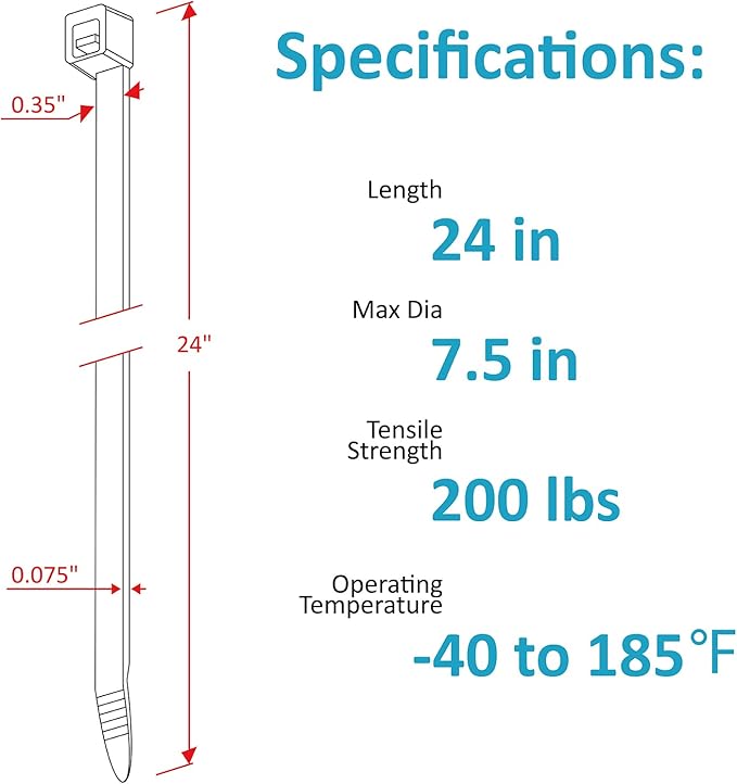 Long Zip Ties Heavy Duty 24 inch, Large Zip Ties with 200 lbs Tensile Strength, Big Cable Ties, Black, 250 Pack, by GAIIAN
