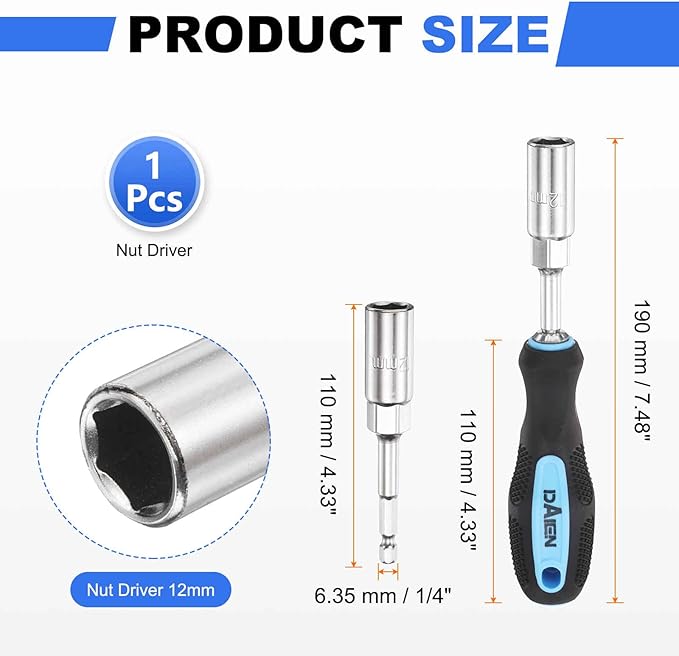 HARFINGTON Metric Nut Driver 12mm CR-V Non-Magnetic Detachable Tip Hollow Shafts Hex Socket Screwdriver with Anti-Slip Handle for Automobile Repair Bit Driver, Blue/Black