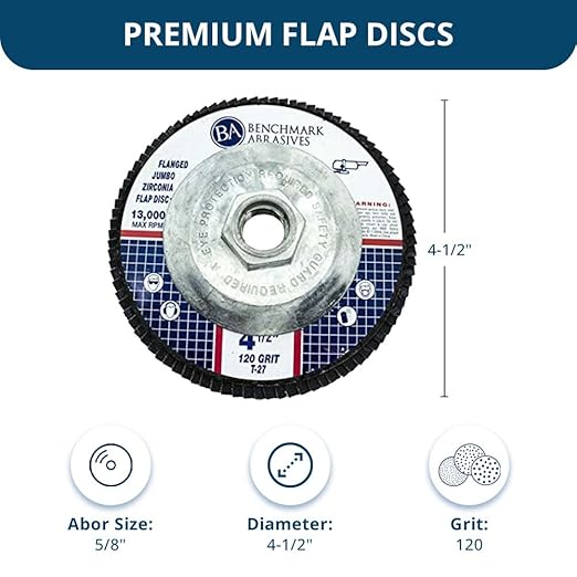 Benchmark Abrasives 4.5" x 5/8"-11 Premium High Density Jumbo Zirconia Type 29 Flap Discs 4 1/2 for Angle Grinder, Sanding Discs, Finishing - Grinding Wheels 4 1/2 Inch (10 Pack) - 120 Grit