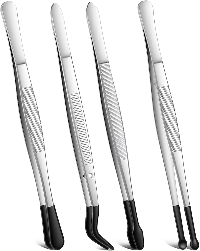 4 Pieces Rubber Tipped Tweezers PVC Rubber Coated Tip Bent and Straight Flat Tip Long Precision Tweezer for Crafts Lab Stamps Beads Hobby Jewelry Crafts Scrapbooking Tools (Black)