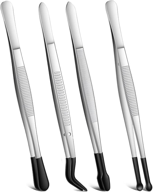 4 Pieces Rubber Tipped Tweezers PVC Rubber Coated Tip Bent and Straight Flat Tip Long Precision Tweezer for Crafts Lab Stamps Beads Hobby Jewelry Crafts Scrapbooking Tools (Black)
