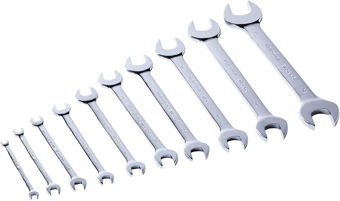 MAXPOWER 10PCS Double Open-End Wrench Set, Industrial Grade Spanners, Cr-V Steel, Roll-up Storage Pouch, Metric up to 32mm, Mirror Finish