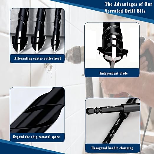 10pc Black Serrated Eccentric Masonry Drill Bit, Serrated Concrete Drill Bit Set for Ceramic Tile Brick Glass Plastic Marble and Wood (3/16??to 1/2??.