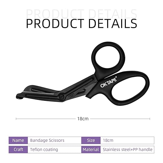 OK TAPE Shears - Bandage Scissors竊똌edical Scissors, EMT Trauma Shears, Non-Stick Scissors, First Aid Outdoor Stainless Steel Teflon, Black Handle and Black Coated Blades, 1 Packs