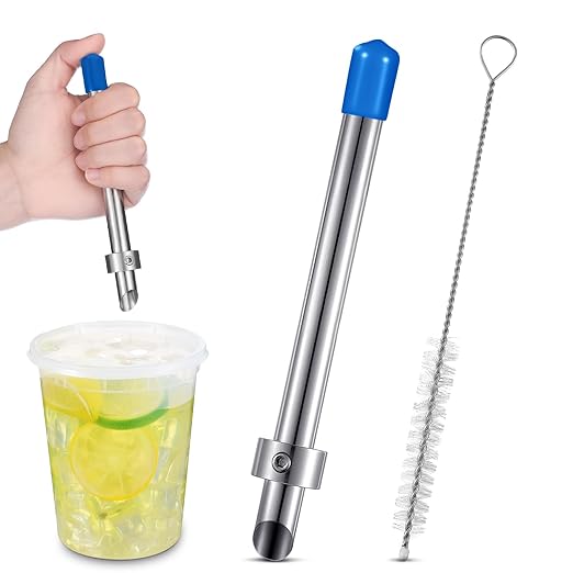Lasnten 1 Pack Straw Puncher for Plastic Lids Lemonade Cups, Stainless Steel Straw Hole Puncher Punching Tools for Cafe Drinks Deli Container Fresh Squeezed Lemonade Stand Supplies(6.3 Inch,Blue)
