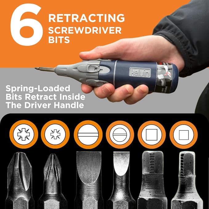 Kelvin Tools Retractor Auto Advance ??Automatic All-in-One Screwdriver, Multi-Head Autoloader 6-in-1 Bit Driver, Versatile Tool, Made in Canada (Navy/Grey)