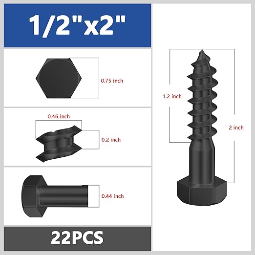 Lag Screws Wood Screws (22PCS, 1/2"x2", Black) Hex Head Lag Bolts,(12x50) Heavy Duty Lag Screws,304 Stainless Steel Bolts 18-8